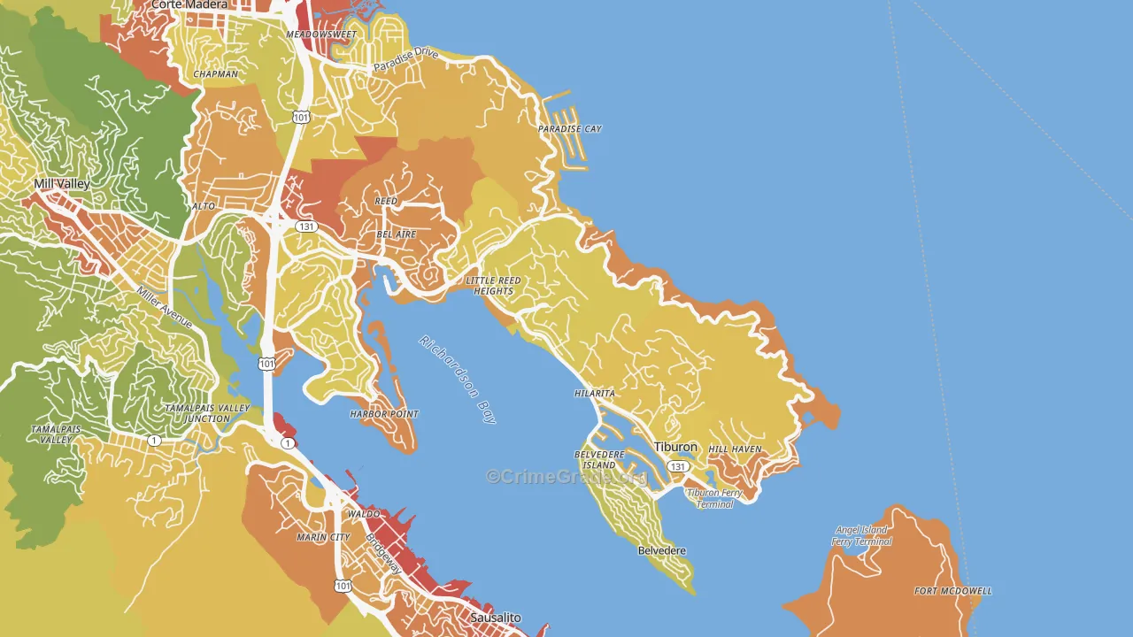 Tiburon, CA Map of Vehicle Theft Rates