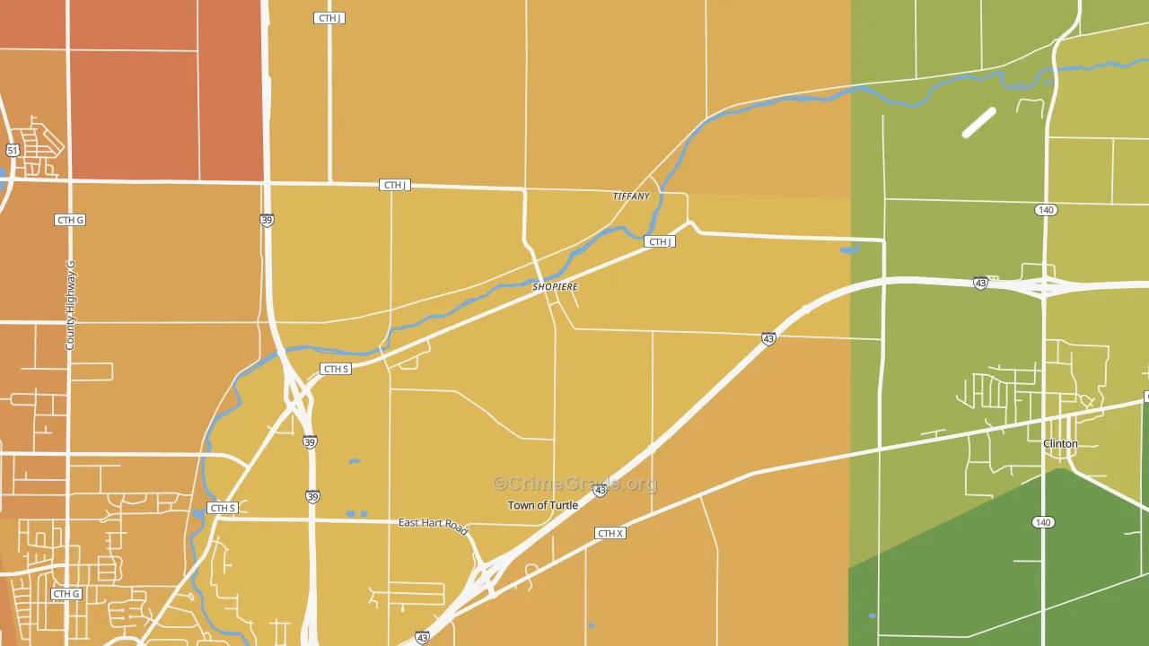 Tiffany, WI Map of Vehicle Theft Rates