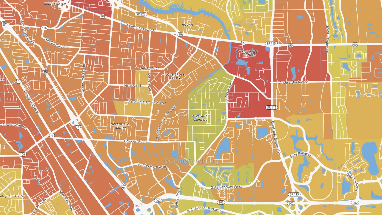 Tiger Hole-Secret Woods, Jacksonville, FL Map of Vehicle Theft Rates