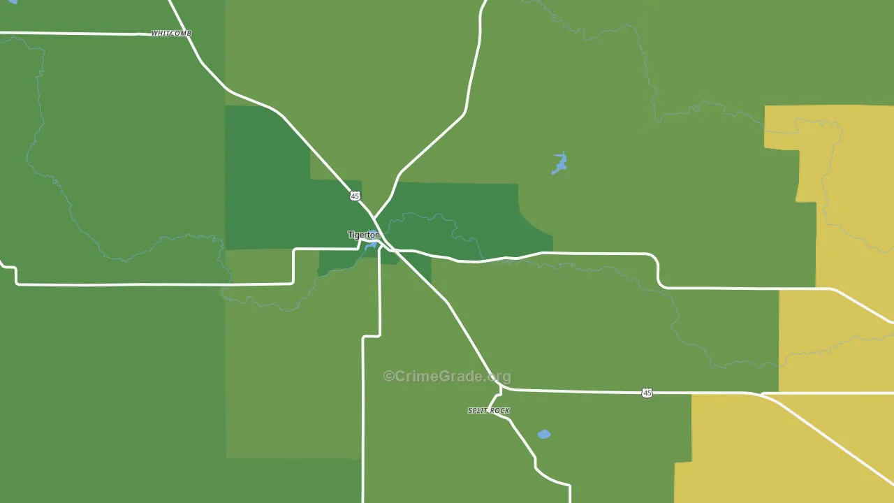Tigerton, WI Map of Vehicle Theft Rates