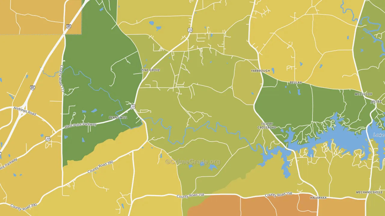 Tillery Crossroads, AL Map of Vehicle Theft Rates
