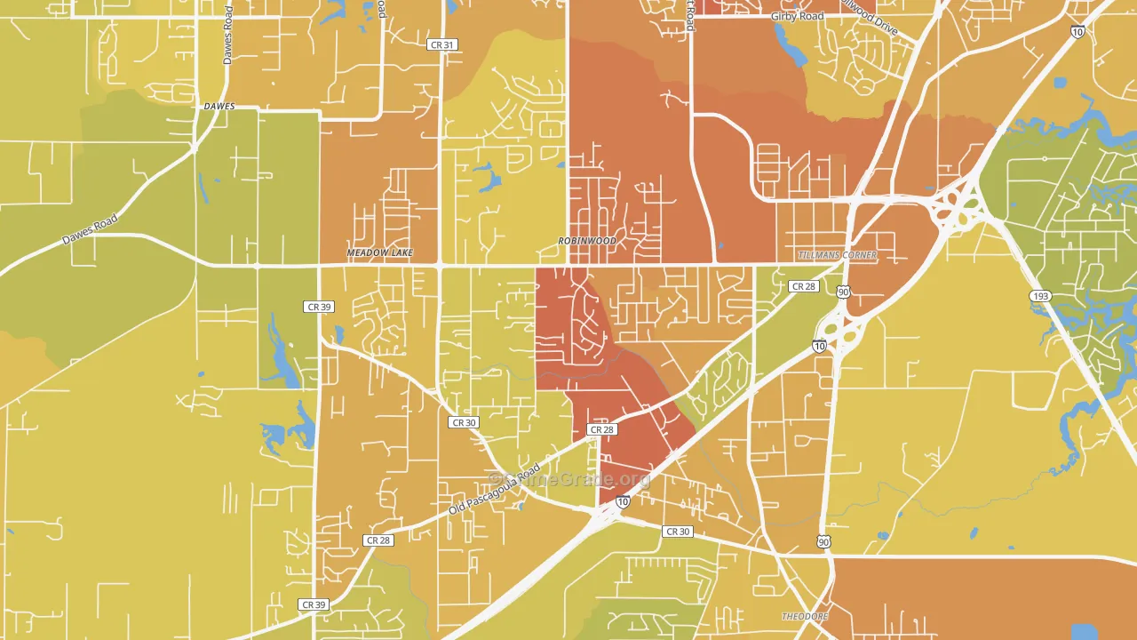 Tillmans Corner, AL Map of Vehicle Theft Rates