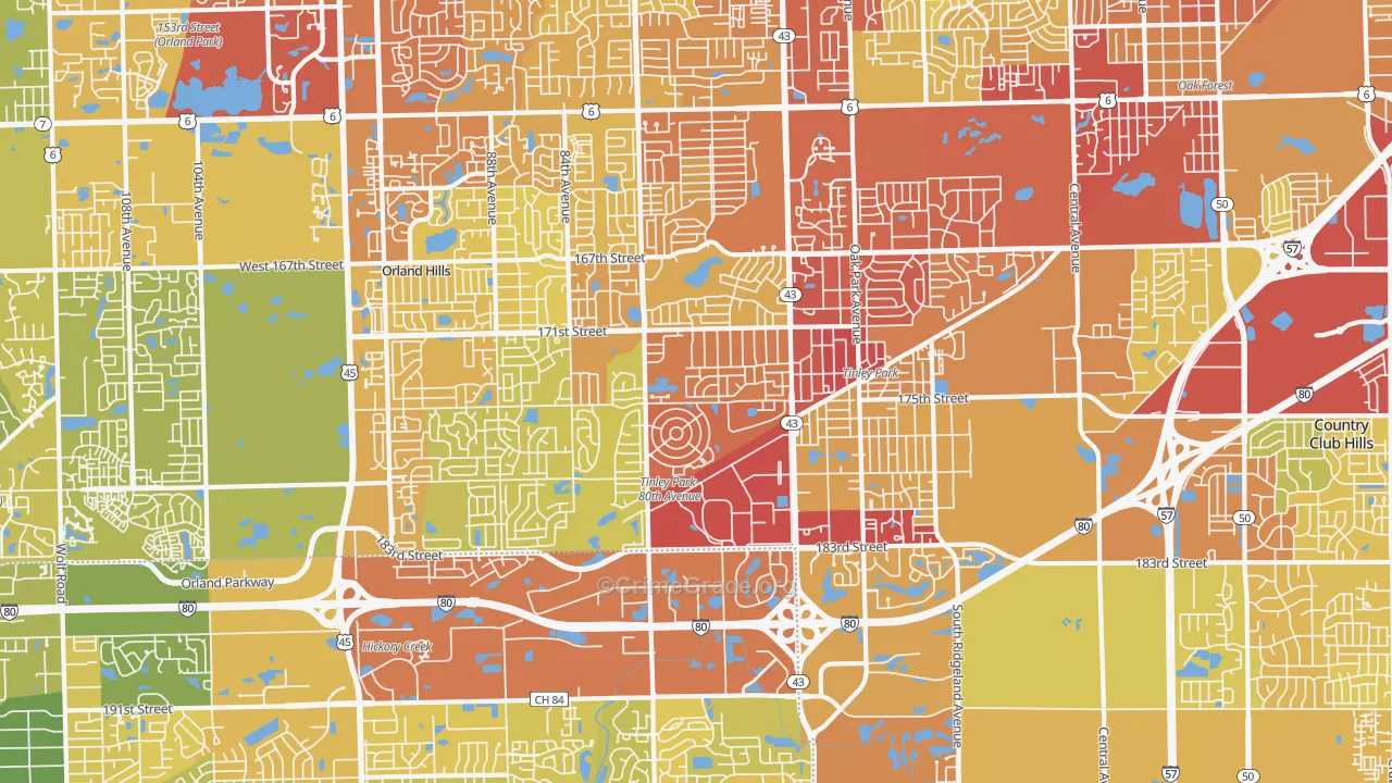 Tinley Park, IL Map of Vehicle Theft Rates