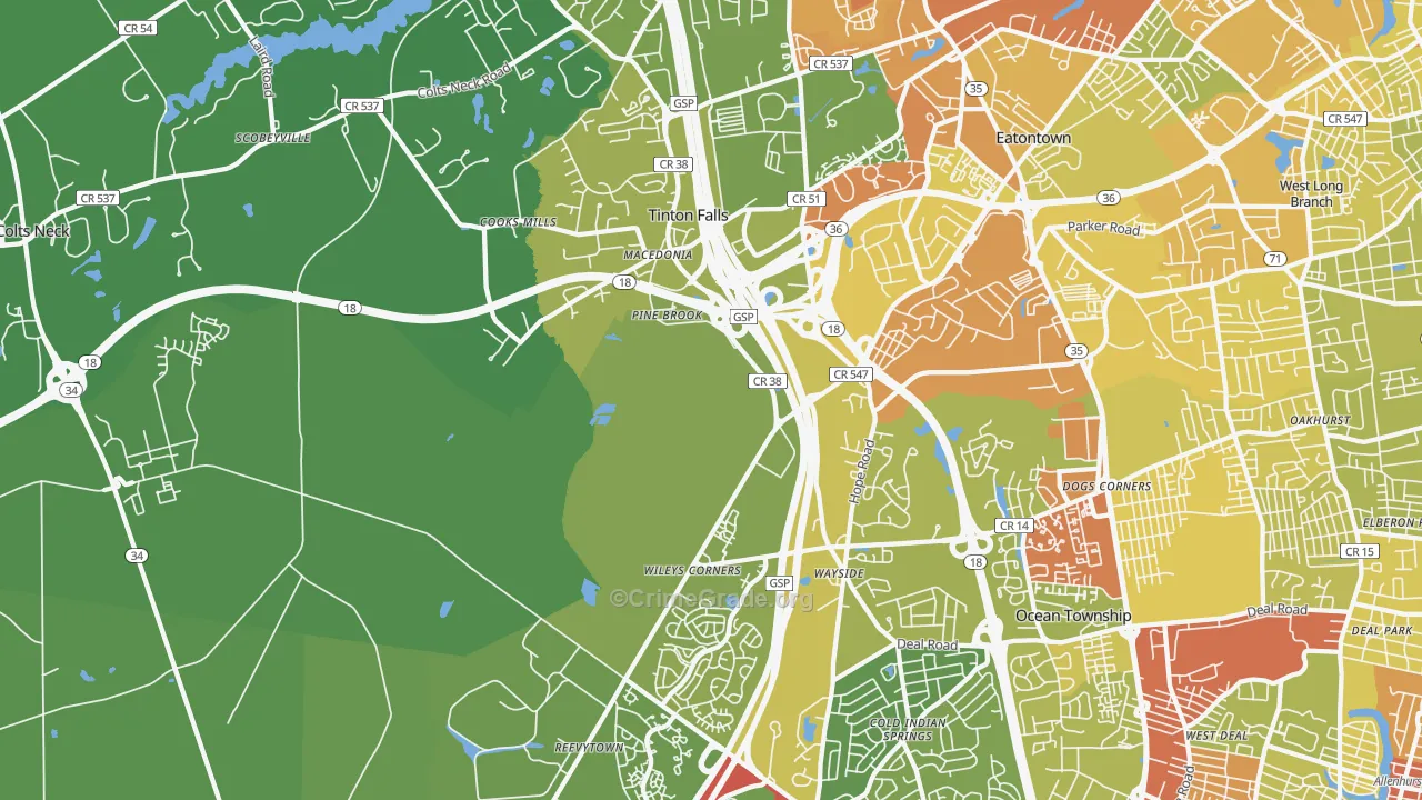 Tinton Falls, NJ Map of Vehicle Theft Rates