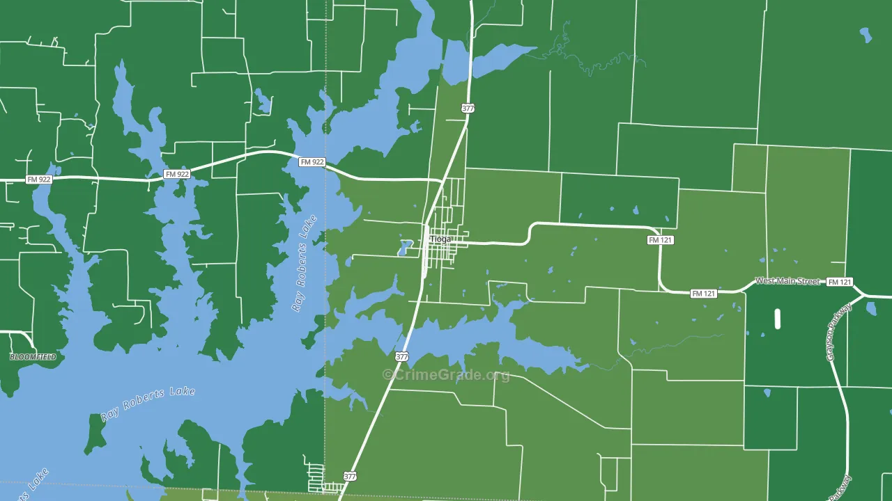 Tioga, TX Map of Vehicle Theft Rates