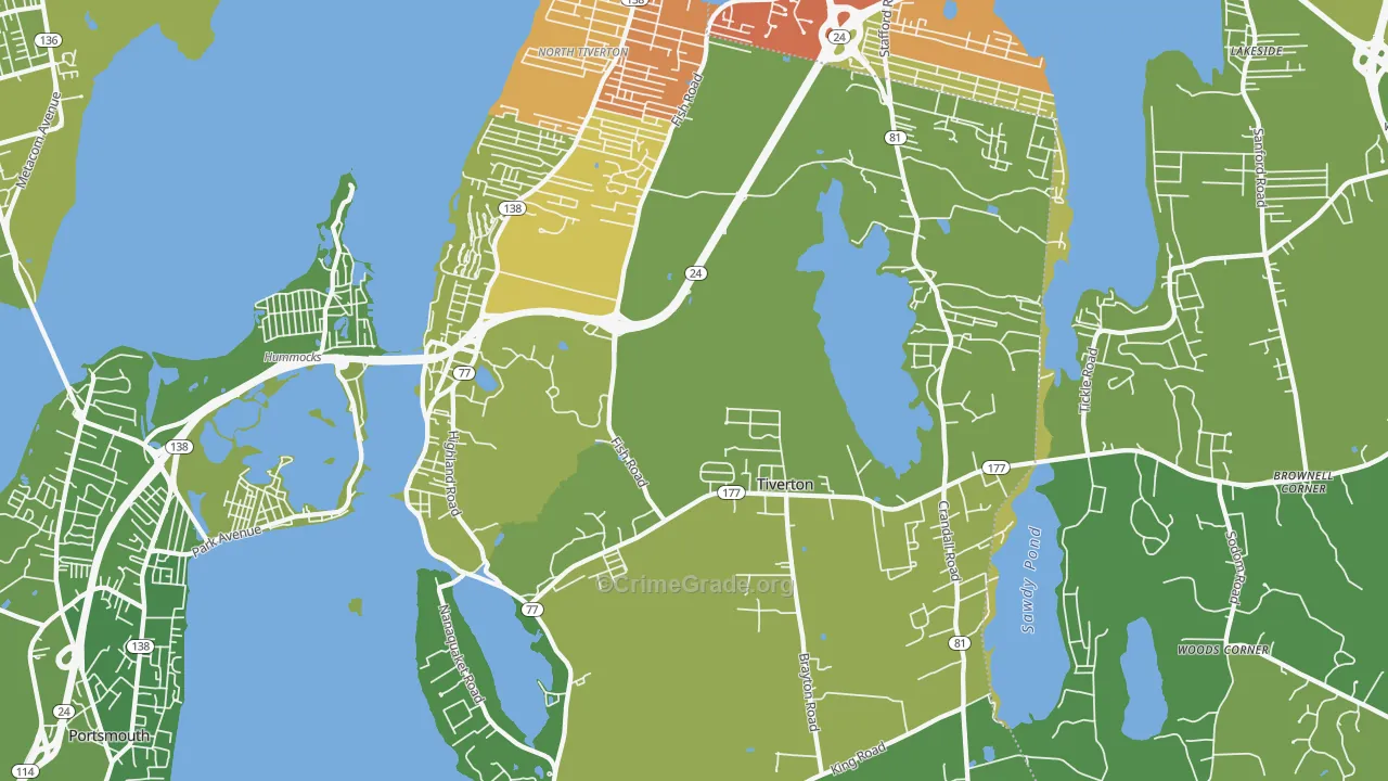 Tiverton, RI Map of Vehicle Theft Rates