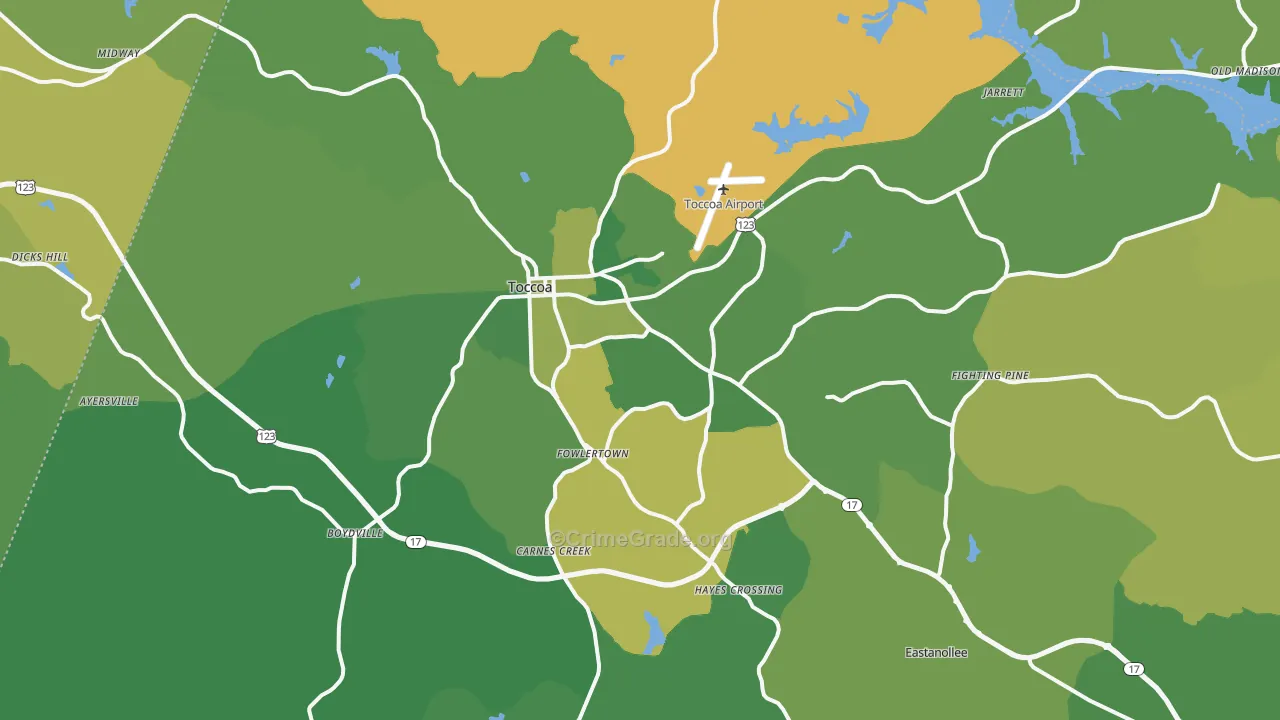 Toccoa, GA Map of Vehicle Theft Rates