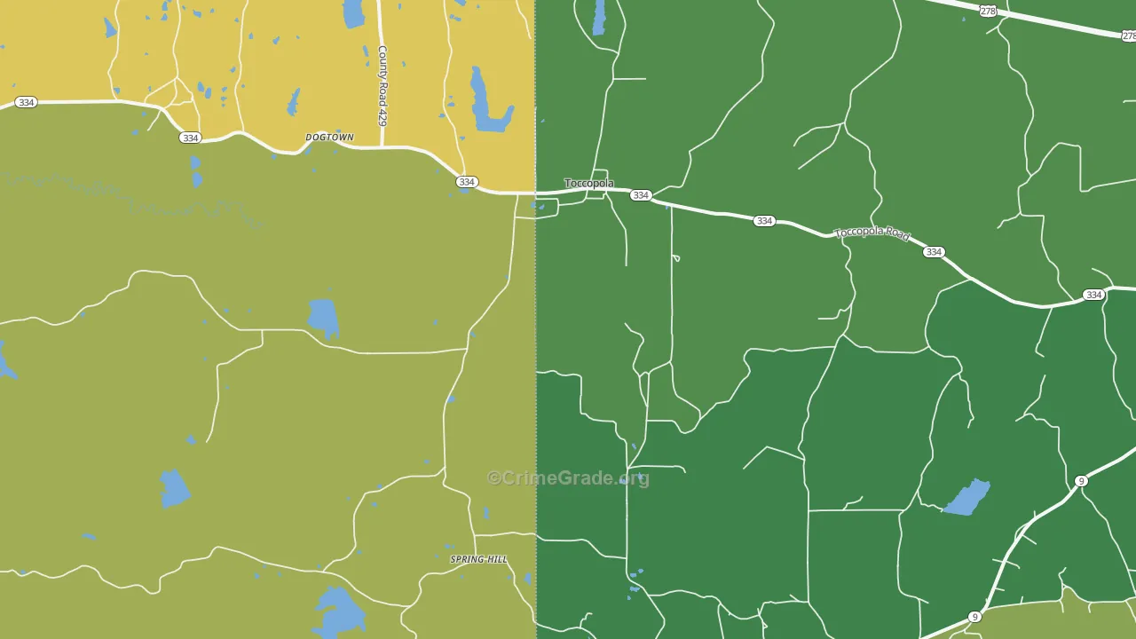 Toccopola, MS Map of Vehicle Theft Rates