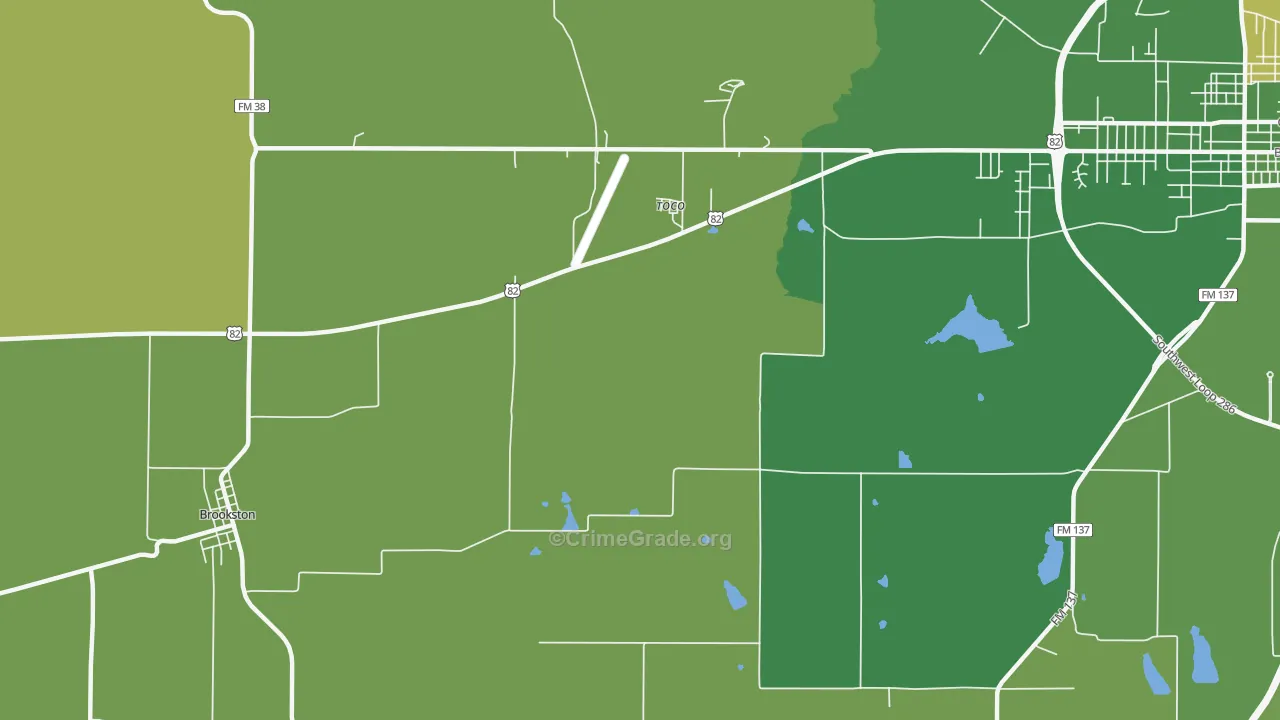 Toco, TX Map of Vehicle Theft Rates