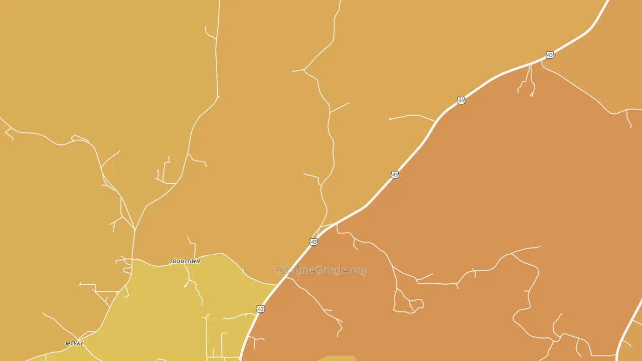 Toddtown, AL Map of Vehicle Theft Rates