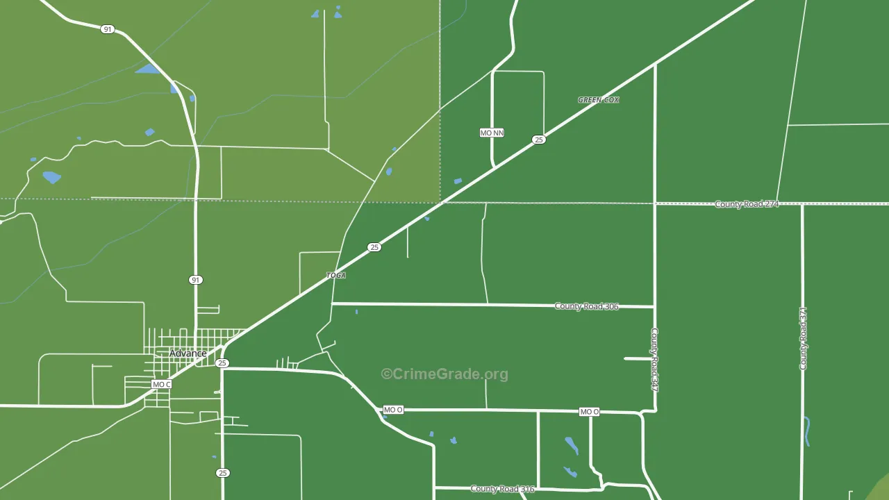 Toga, MO Map of Vehicle Theft Rates