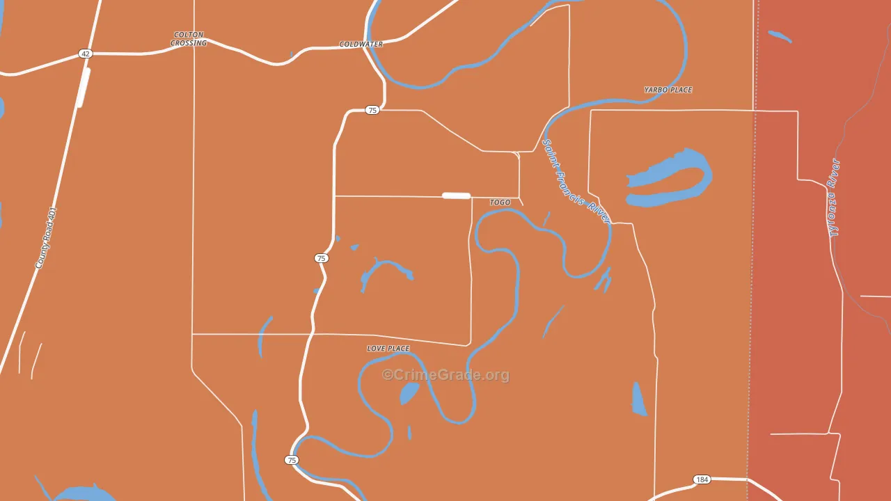 Togo, AR Map of Vehicle Theft Rates