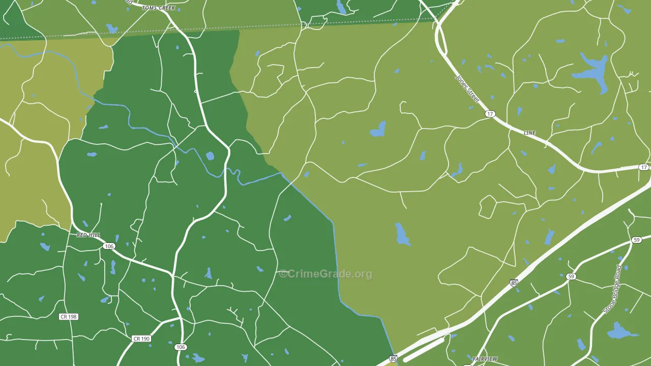 Toms Creek, GA Map of Vehicle Theft Rates