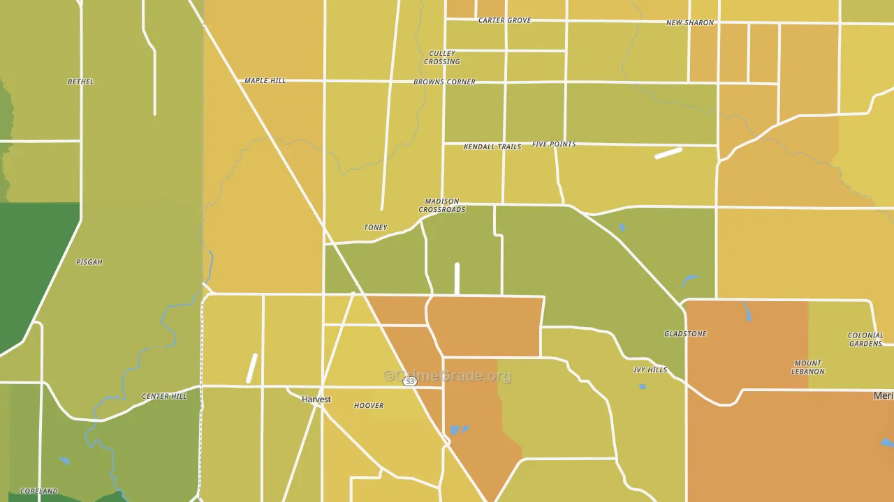 Toney, AL Map of Vehicle Theft Rates