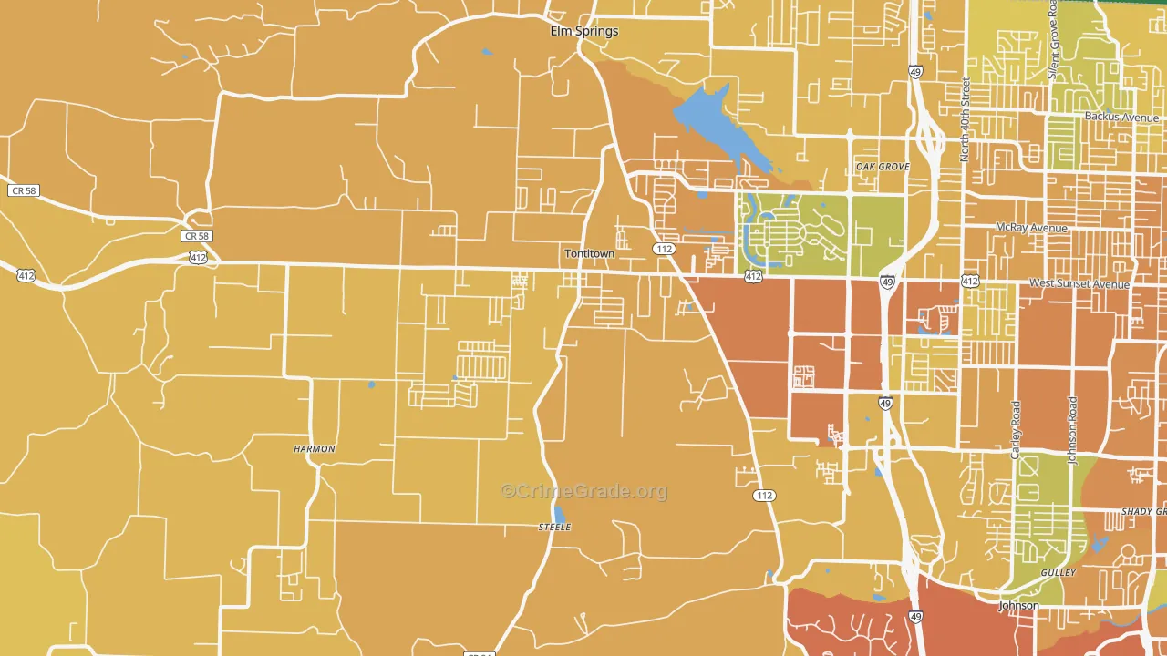 Tontitown, AR Map of Vehicle Theft Rates