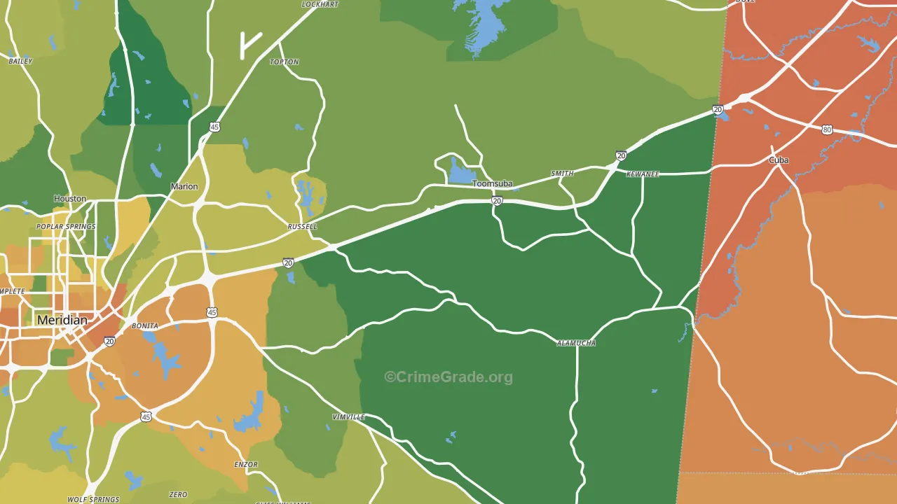 Toomsuba, MS Map of Vehicle Theft Rates