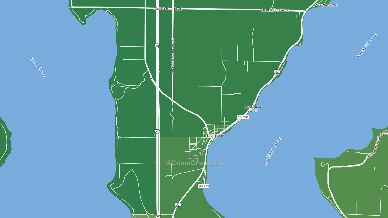Topinabee, MI Map of Vehicle Theft Rates