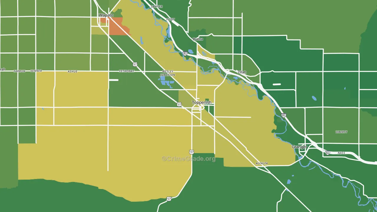 Toppenish, WA Map of Vehicle Theft Rates