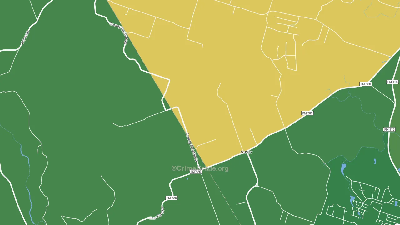 Topsey, TX Map of Vehicle Theft Rates