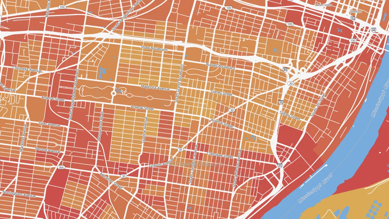 Tower Grove East, St. Louis, MO Map of Vehicle Theft Rates