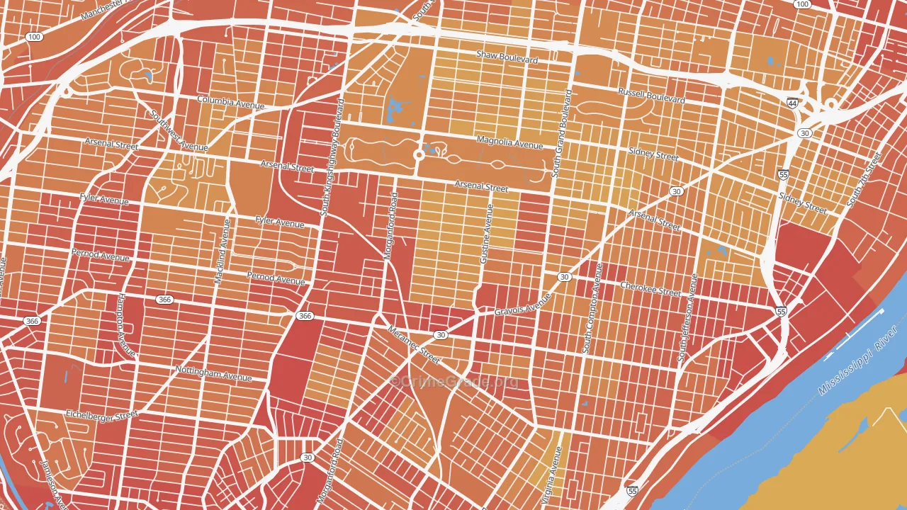 Tower Grove South, St. Louis, MO Map of Vehicle Theft Rates