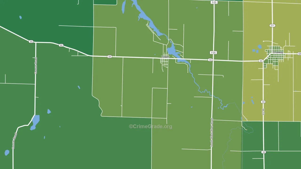Tower, MI Map of Vehicle Theft Rates