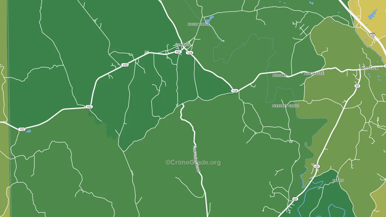 Townley, AL Map of Vehicle Theft Rates
