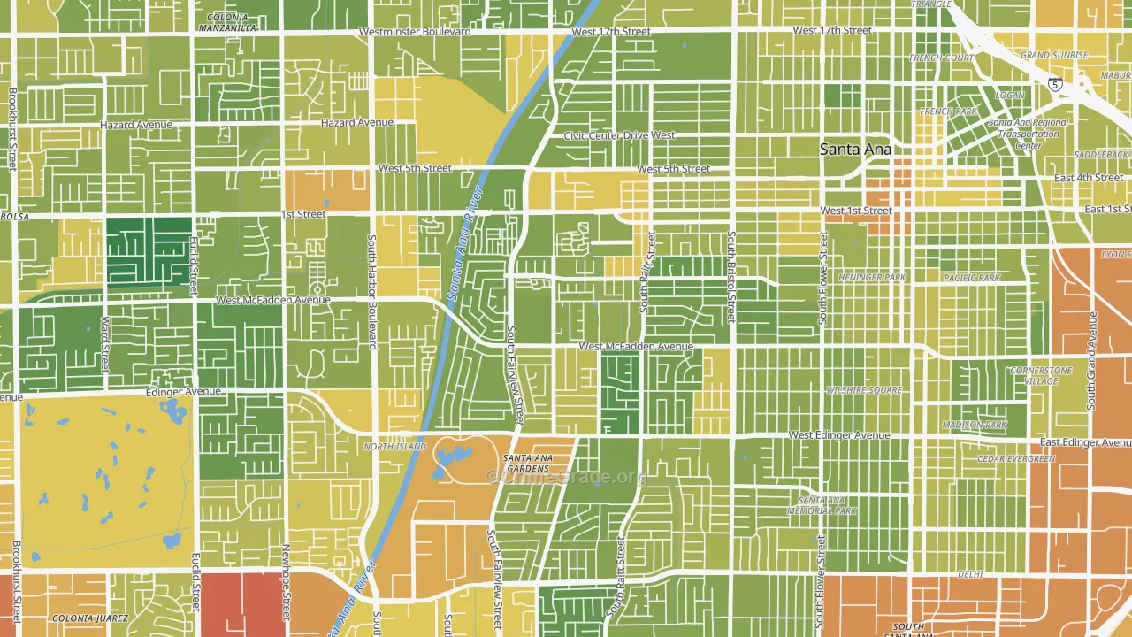 Townsend-Raitt, Santa Ana, CA Map of Vehicle Theft Rates
