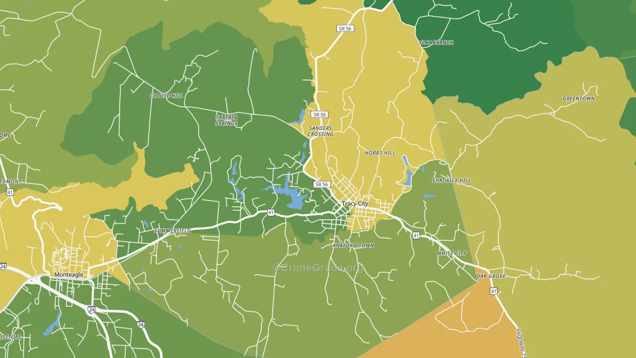 Tracy City, TN Map of Vehicle Theft Rates