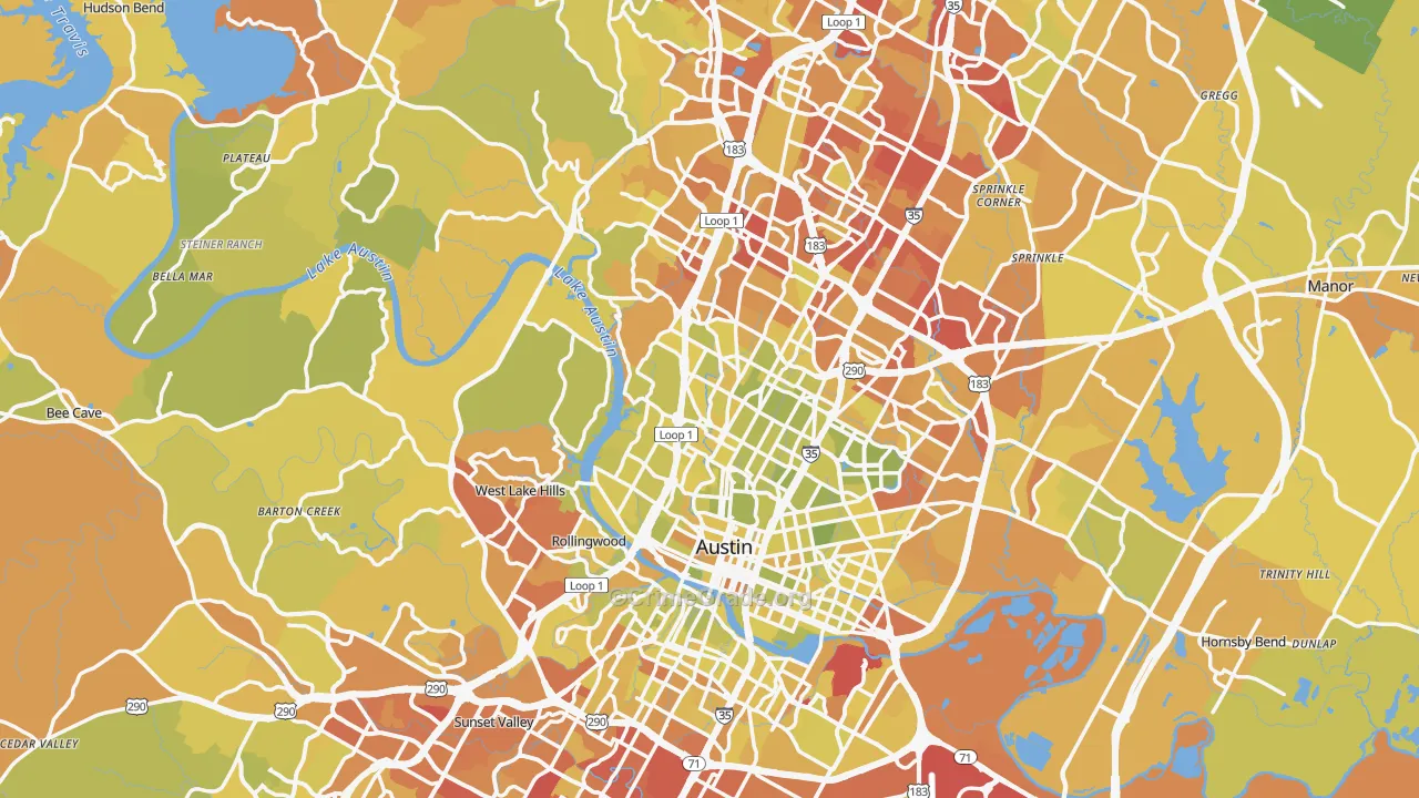 Travis County, TX Map of Vehicle Theft Rates