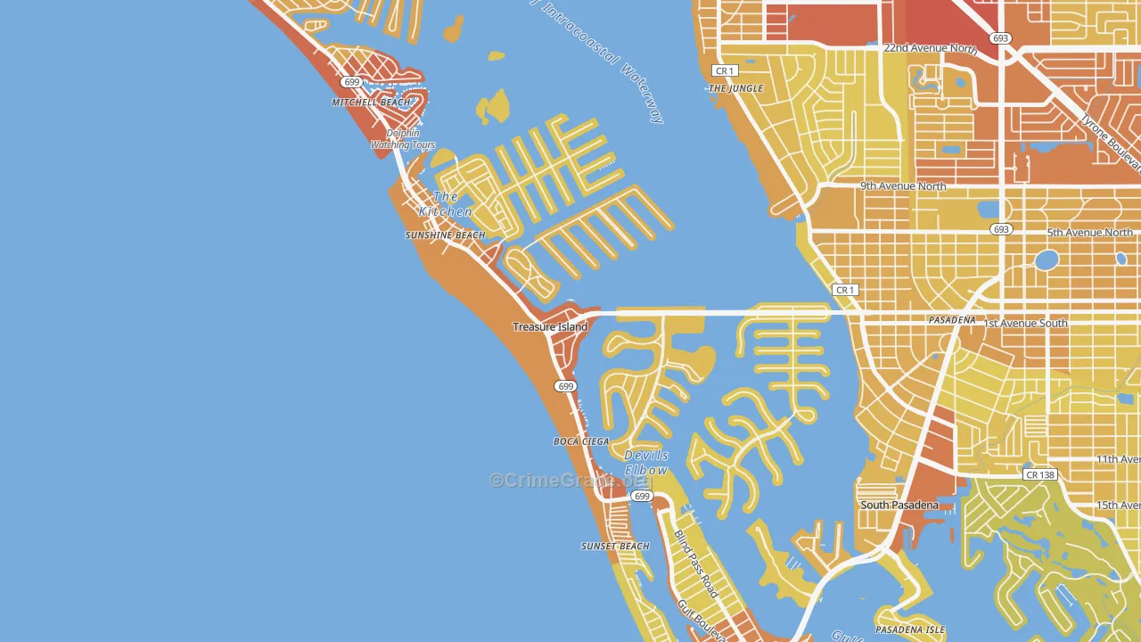 Treasure Island, FL Map of Vehicle Theft Rates