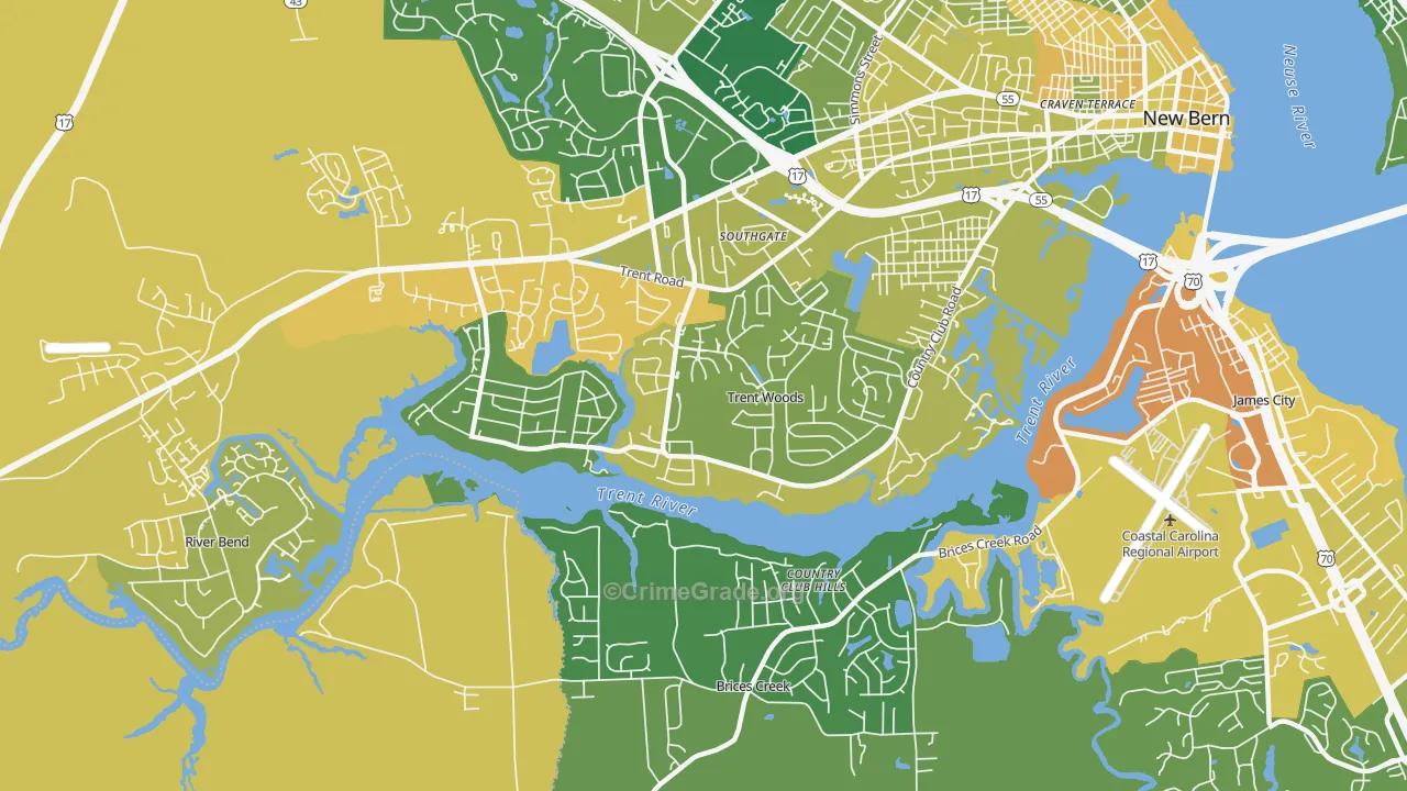Trent Woods, NC Map of Vehicle Theft Rates