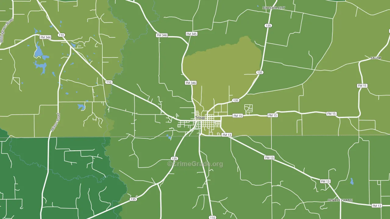 Troup, TX Map of Vehicle Theft Rates