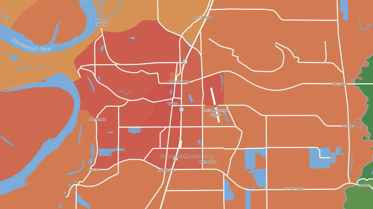 Tunica, MS Map of Vehicle Theft Rates