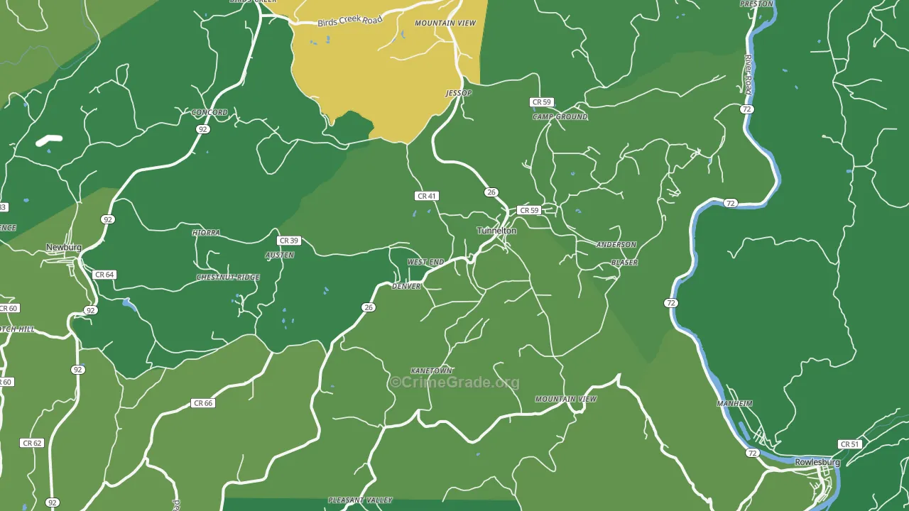 Tunnelton, WV Map of Vehicle Theft Rates