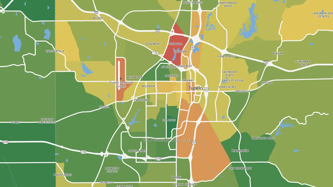 Tupelo, MS Map of Vehicle Theft Rates