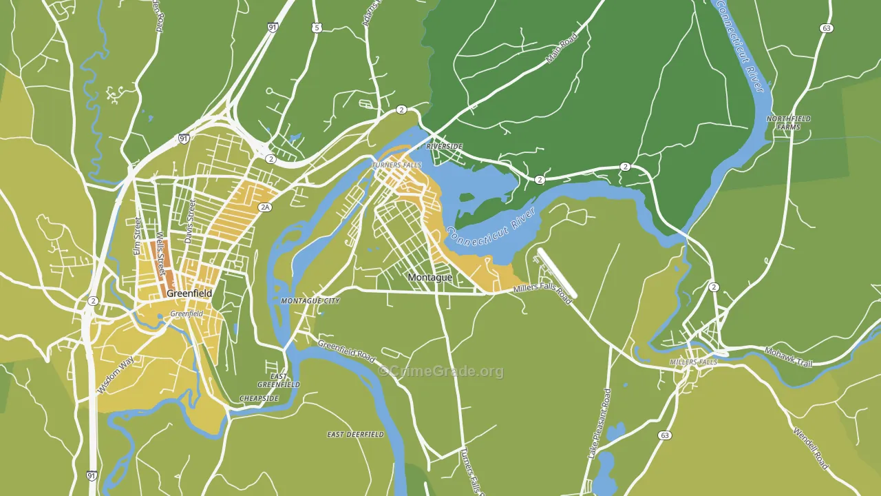 Turners Falls, MA Map of Vehicle Theft Rates