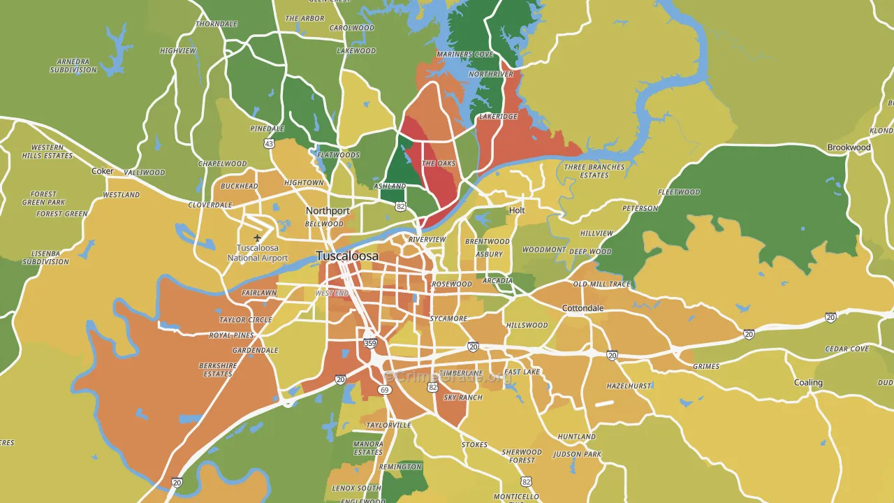 Tuscaloosa County, AL Map of Vehicle Theft Rates