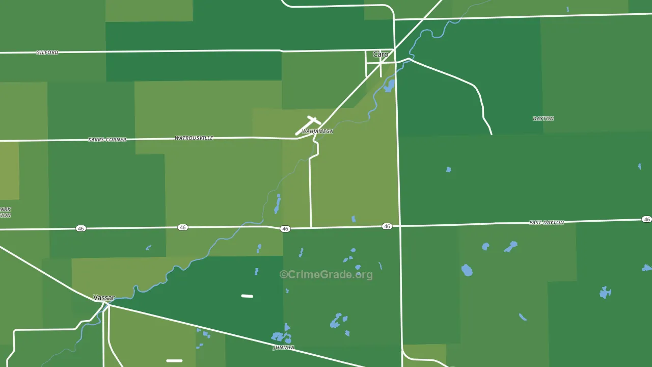 Tuscola County, MI Map of Vehicle Theft Rates