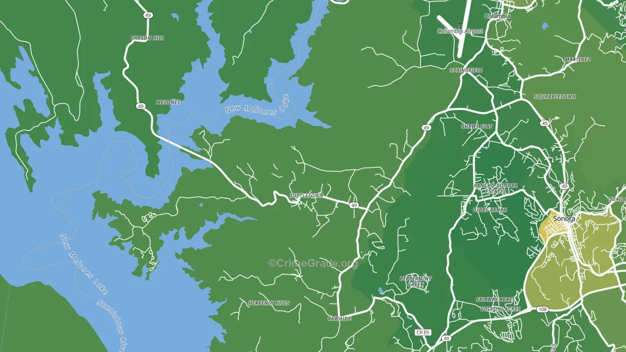 Tuttletown, CA Map of Vehicle Theft Rates