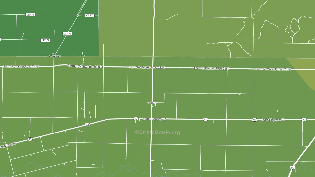 Tuxedo, TX Map of Vehicle Theft Rates