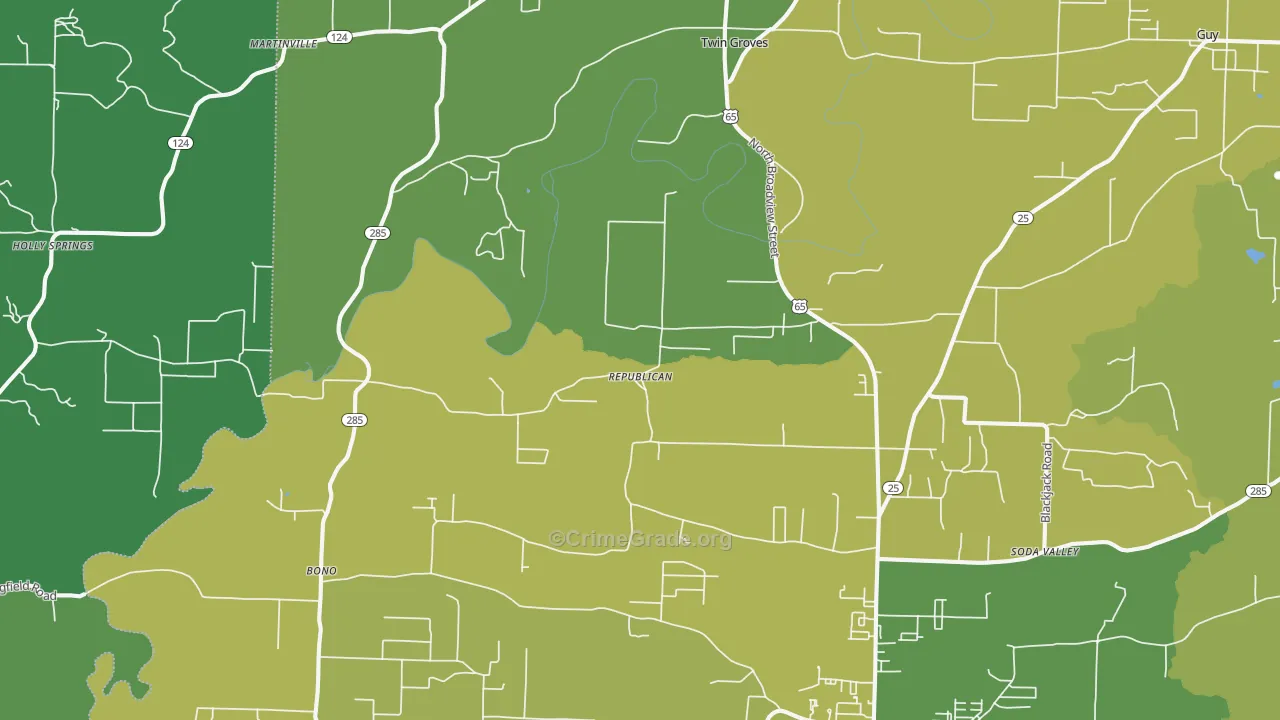 Twin Groves, AR Map of Vehicle Theft Rates