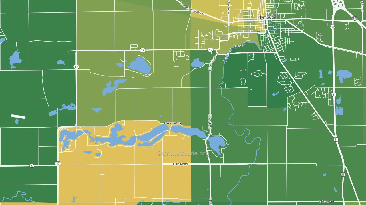 Twin Lakes, IN Map of Vehicle Theft Rates