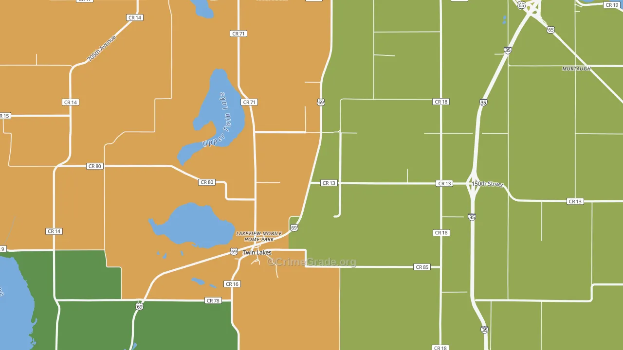 Twin Lakes, MN Map of Vehicle Theft Rates