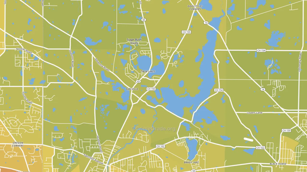 Twin Lakes, OH Map of Vehicle Theft Rates