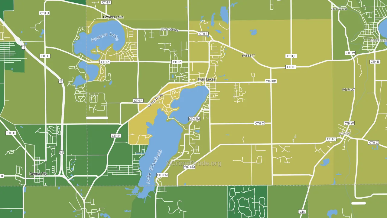 Twin Lakes, WI Map of Vehicle Theft Rates