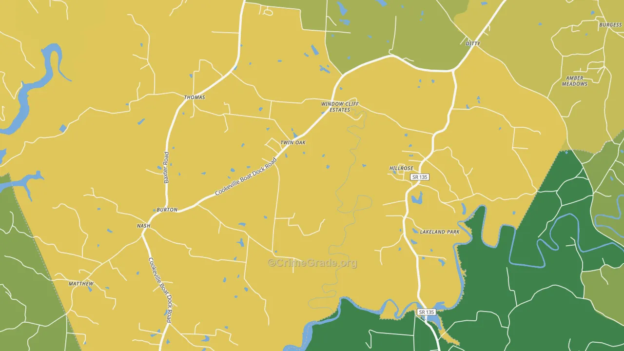 Twin Oak, TN Map of Vehicle Theft Rates