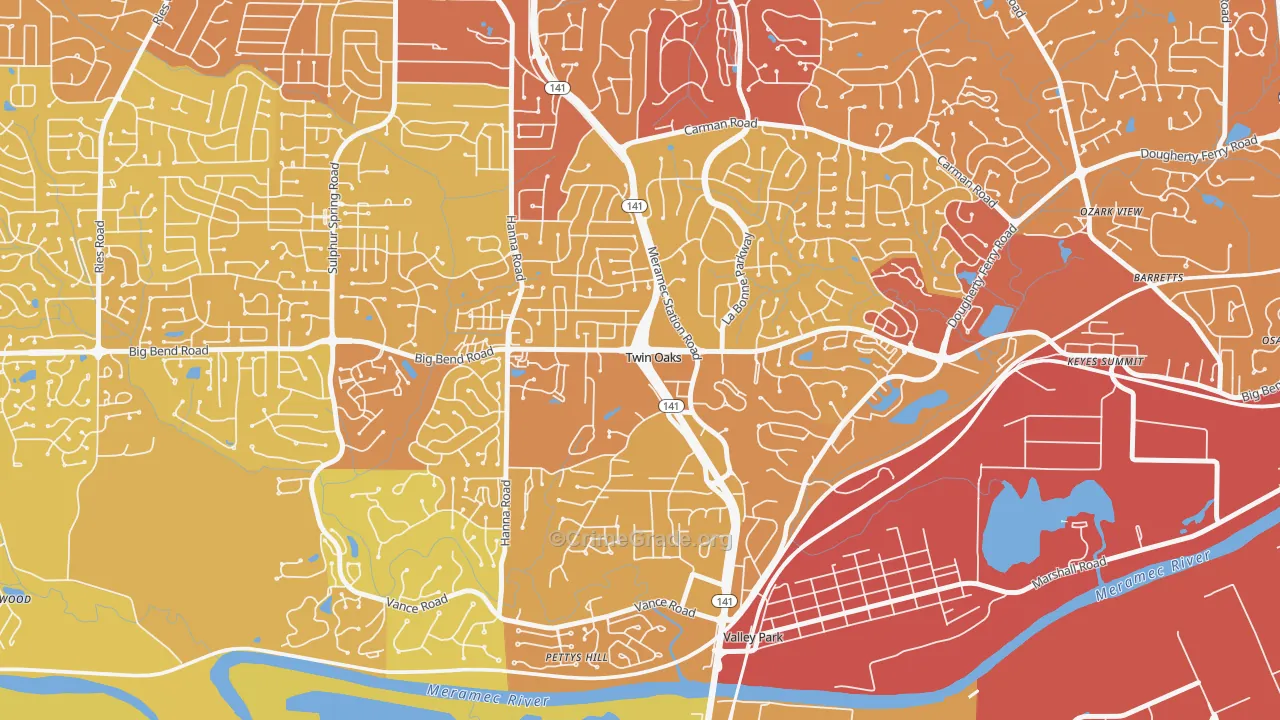 Twin Oaks, MO Map of Vehicle Theft Rates