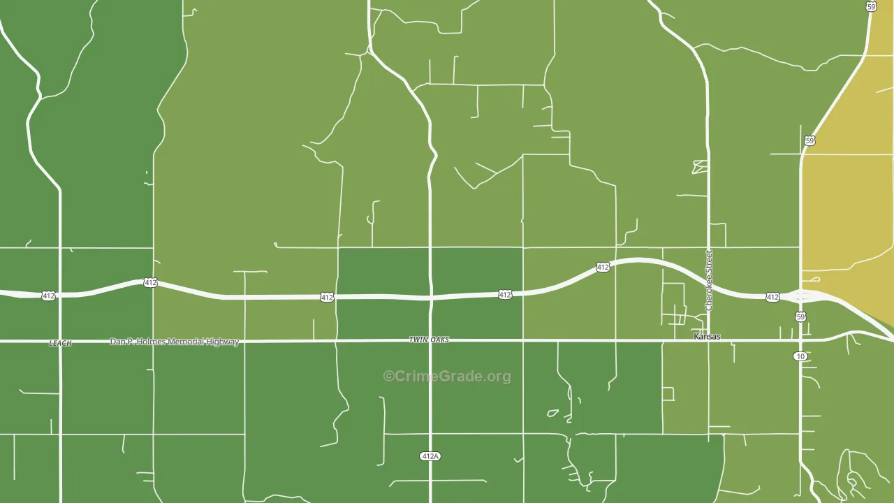 Twin Oaks, OK Map of Vehicle Theft Rates