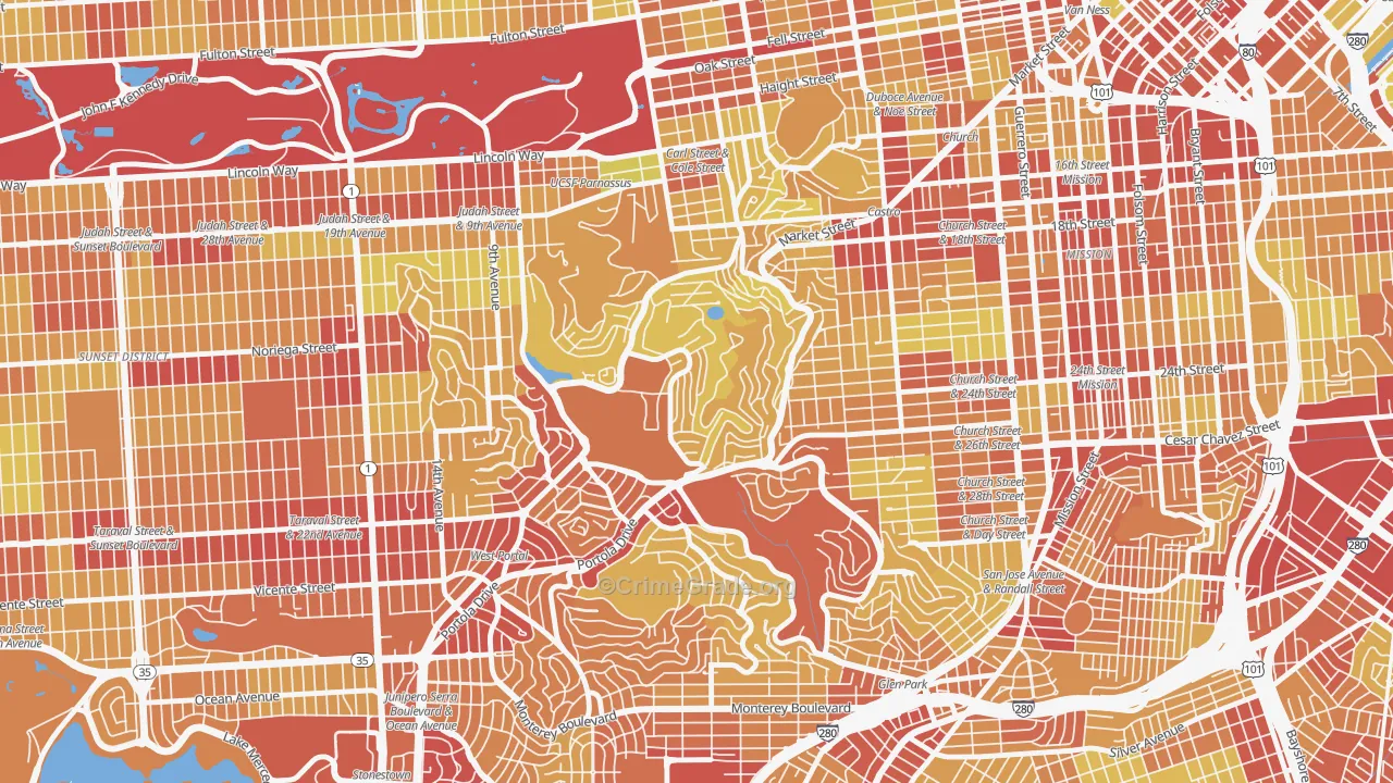 Twin Peaks, San Francisco, CA Map of Vehicle Theft Rates